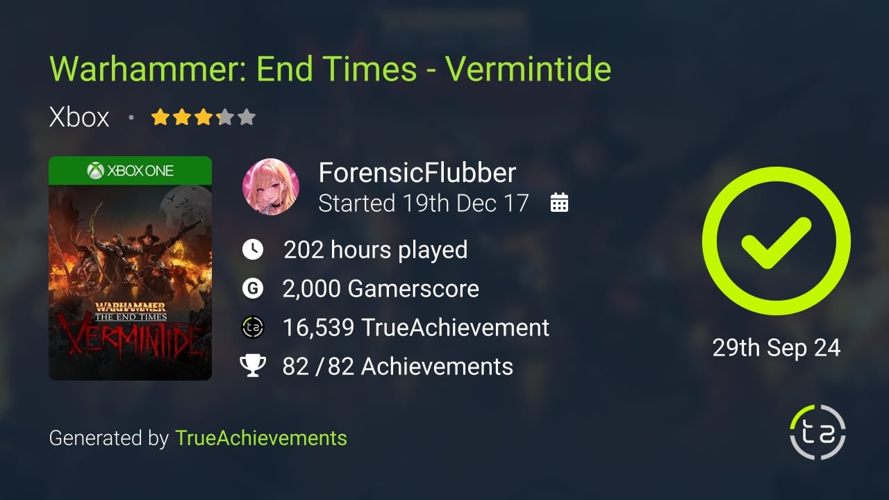 Warhammer End Times - Vermintide achievement summary
